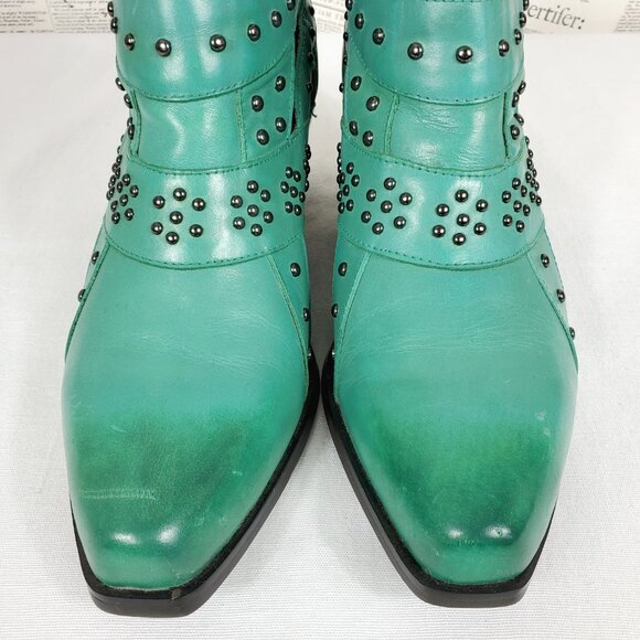 SOLD Lucky & Blessed Turquoise Leather Studded Cutout Western Cowboy Ankle Boots - Picture 3 of 12